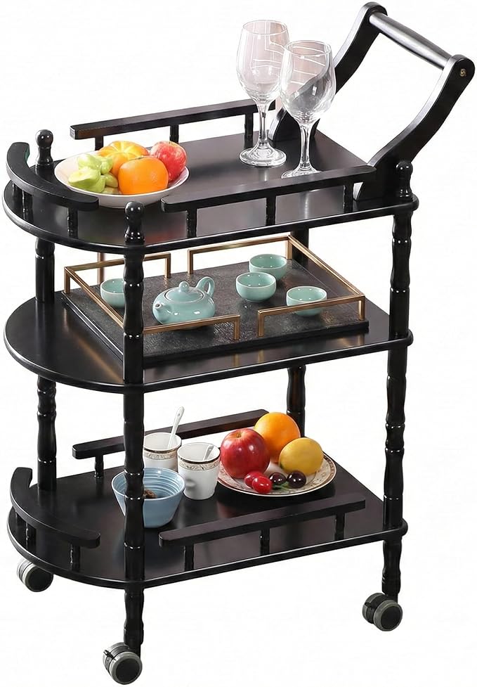Entertainment Kitchen Cart, Midcentury Modern Imported rubberwood Black Finished Wood 3-Tier Mobile Bar Cart Serving Cart