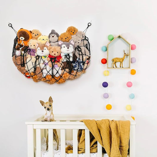 Large Stuffed Animal Net Hammock Macrame Toy Diaplay Plush Toy Holder Ceiling Hanging Net for Stuffed Animal Storage Kid Bedroom Boho Nursery Decor (Black, 49" W)
