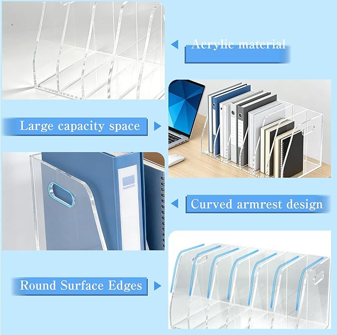 6-Tier Clear Acrylic File Holder, Vertical Document Organizer for Magazines, Binders, Notebooks & Envelopes - Multi-Purpose Desk Storage for Home Office(B5,6 Sections)