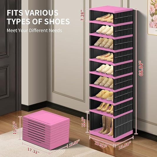 CIMLORD 9-Tier Foldable Shoe Rack Organizer for Closet,18 Pairs Collapsible Plastic Shoe Shelf,Clear Stackable Shoe Storage Boxes with Door Easy Assembly,Shoe Cabinet with Lids Large(Black-pink)