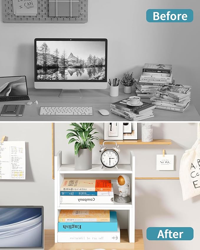 Desktop Shelf Organizer,Adjustable Stackable Office Storage Rack,Wood Display Shelf,White Small Bookshelf for Desktop,Tabletop Desk Shelf,Multipurpose Shelves for Office, Dormitory,Home Decor.