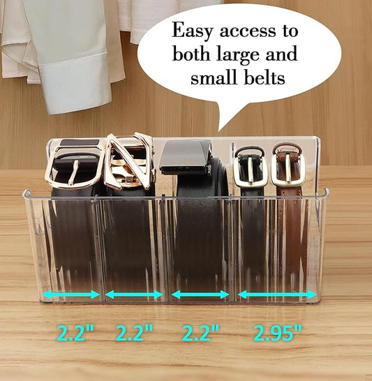 AUOIKK Acrylic Belt Organizer with Adjustable 4 Compartments & Stackable Design, Clear Storage for Closet and Drawer Organization