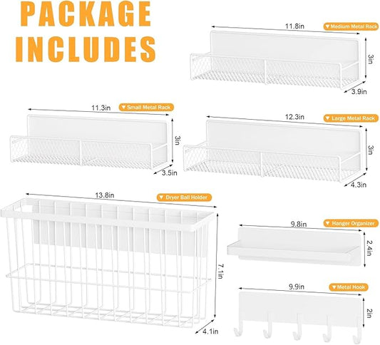 6 Pack Magnetic Shelves for Washing Machine, Magnetic Spice Rack Organizer for Refrigerator, Magnetic Shelf with Hanger Organizer, Metal Magnetic Basket, Laundry Organization and Storage, White