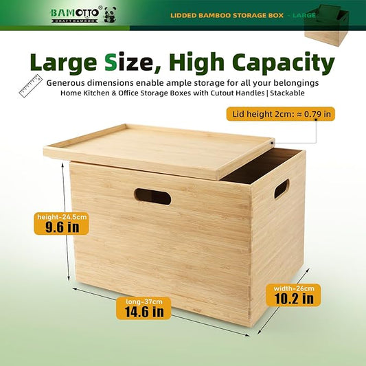 Large 14.6”x10.2”x9.6” Lidded Bamboo Storage Bins - Stackable with Handles, Box/Cube/Basket for Home Kitchen Office, Organize Tableware Toys Crafts Books