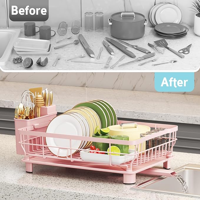 Ricobes Dish Drying Rack - Space Saving Dish Rack - Dish Racks for Kitchen Counter with Drainboard,Rustproof Dish Drainer with Removable Utensil Holder,Pink