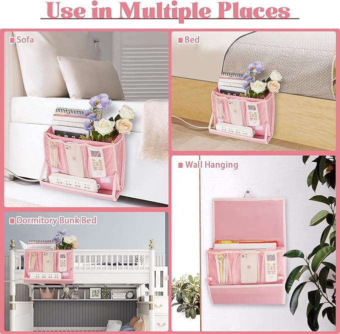 Retyion Bedside Caddy Bedside Storage Organizer Bedside Organizer with Power Strip Holder and 2 Adjustable Straps for Home Bunk Bed Dorm Sofa (Pink)
