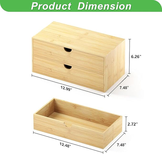 Wisuce Desk Organizer with Drawers - Bamboo Desktop Organizer Storage Natural Wood Desk Drawers Organizer for Bills, Office Supplies, Cosmetics, Seals No Assembly Required 3 Drawers(left-right)