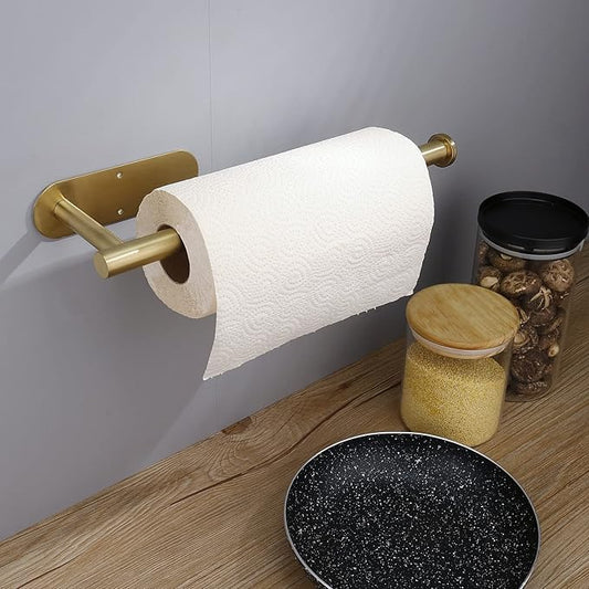 Paper Towel Holders,Paper Towels Rolls,Paper Bulk- Self-Adhesive Under Cabinet Wall Mount Countertop,Both Available in Adhesive and Screws,for Kitchen, Pantry, Sink, Bathroom,Stainless Steel-Gold