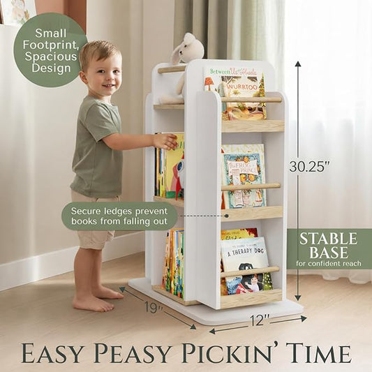 COVE & KIN Kids Rotating Bookshelf Organizer – 360° Montessori-Inspired Front-Facing Bookcase for Toddlers & Kids, Space-Saving Wooden Book Shelf for Nursery, Playroom & Bedroom