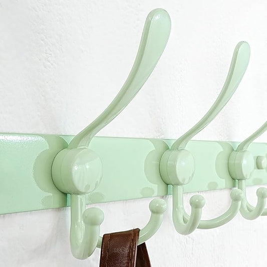 Dseap Coat Rack Wall Mount - 29.5” Long 8-Tri-Hooks Heavy Duty Coat Hanger Rail Wall Hooks for Hanging Coats Hats Clothing Clothes Purse Mudroom Entryway, Green