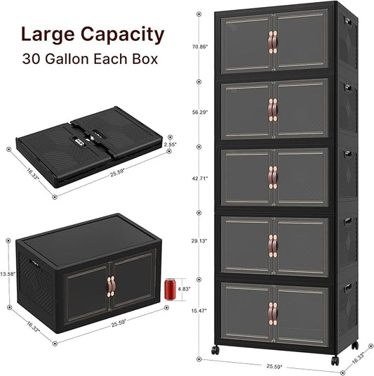Extra Large Stackable Storage Bins, Lockable Storage Bins with Lids, Folding Storage box with Doors and Wheels, Collapsible Plastic Drawers for Home, Garage, Office (5, Black, Large)
