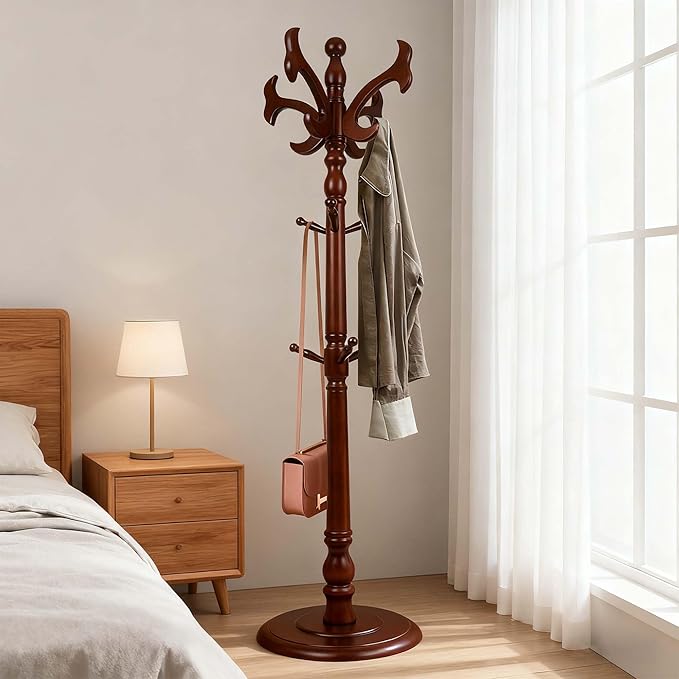 73”Vintage Wooden Coat Rack,With 14 Hooks and Sturdy Round Base.Sturdy and Durable Standing Coat Racks,Adjustable Wooden Freestanding Coat Rack for Porch,Bedrooms (Mahogany) (fishtail, 1 PCS)