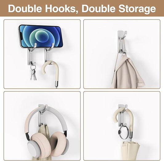 niffgaff Wall Hooks for Coat and Towel: 13lb Adhesive Door Hanger Stick On, Sticky Hook for Wall, Closet, Bathroom - Silver, 4 Pack