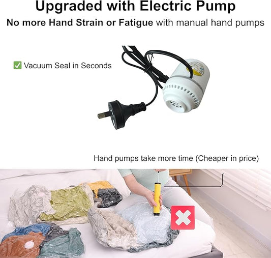 12 Pack Reuseable Vacuum Storage Bags with Electric Pump, Vacuum Seal Space Saver Bags for Clothing, Travel, Blanket, Bedding, Moving Home, and Organisation (3 Jumbo, 3 Large, 3 Medium, 3 Small)