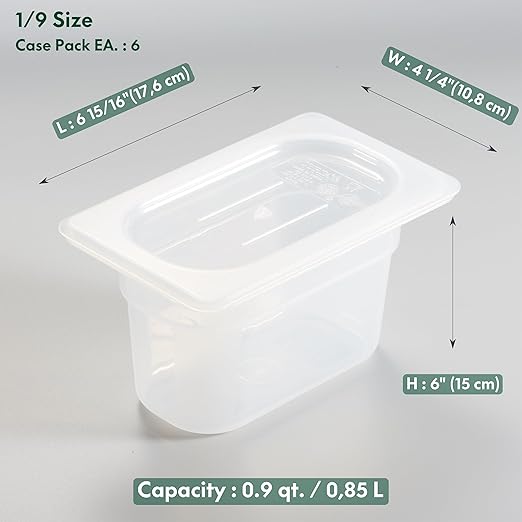 CURTA 6-Pack 1/9 Size 4" Deep Food Pan with Handled Lid – NSF Listed Commercial-Grade Translucent Polypropylene, Stackable Freezer-safe Storage for Restaurants, Catering & Buffets