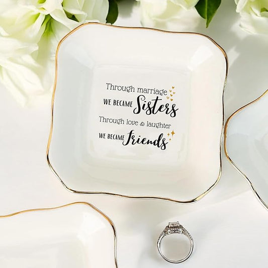 HatafaFurni Gifts for Sister In Law - Through Marriage We Became Sisters - Wedding Gifts, Christmas, Thanksgiving, Birthday Gift for Sister-in-law - Jewelry Dish, Ceramic Ring Dish, white, mil01
