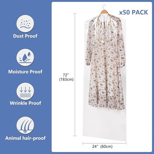 50 Pack 72inch Extra Long Plastic Garment Bag Dust Proof Clear Plastic Clothes Covers for Hanging Clothes Dry Cleaning Bags for Long Dresses, Skirt, Coat(24x72inch)