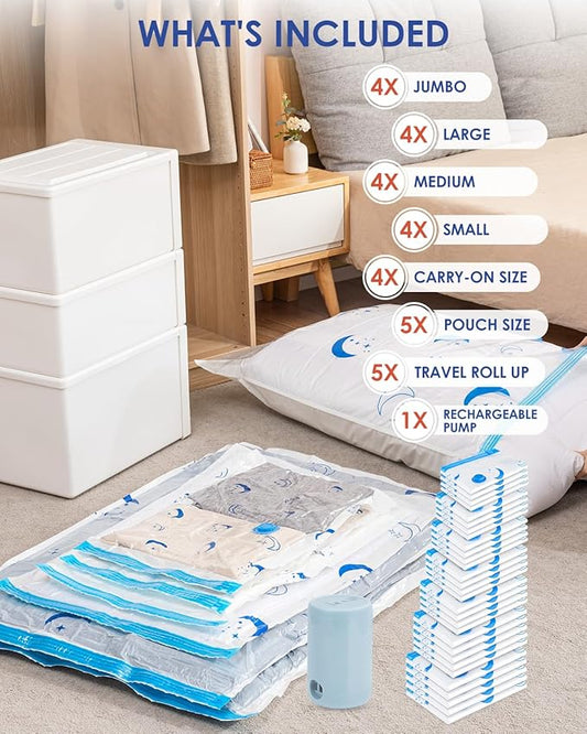 Vacuum Storage Bags with Electric Pump, 30 Pack Vacuum Sealed Bag with 1500mAh Rechargeable Battery for Clothes, Blanket, Duvets, Pillows, Comforters, Travel