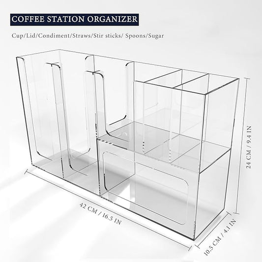 Paper Cup and Lid Holder with Straw Organizer, 6 Compartment Disposable Coffee Cup Dispenser for Countertop Coffee Bar Accessories Restaurant Breakroom, Acrylic, Clear