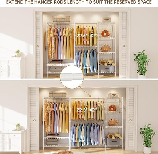 Coat Rack Clothes Wardrobe:Closet Organizer and Storage Clothing Garment Rack with Shelves Heavy Duty for Hanging Clothes Portable Adjustable White 15.8" Dx(70-88.5)" Wx76.5 H