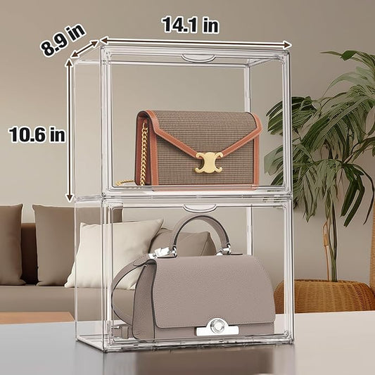 EDS FAM 1 Pack Size 14 Acrylic Boot Shoe Box, X-Large Handbag Organizer Clear Storage Bins with Magnetic Lid Acrylic Display Case for Shoes, Book, Cosmetic, Figures, Collectibles, Purse