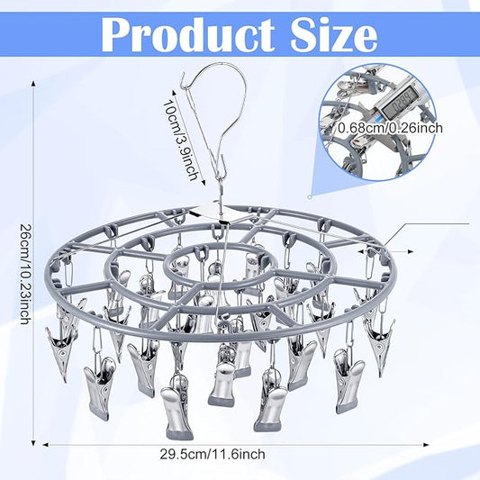 2 Pack Clothes Drying Rack with 24 Clips, Stainless Steel Clothes Drying Hanger, Swivel Windproof Round Dry Rack, Heavy Duty Underwear Hanger for Indoor Outdoor Wet and Dry (Grey)