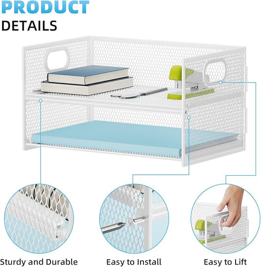 Marbrasse 2 Tier Paper Organizer Letter Tray, Mesh File Organizer with Handle, Paper Sorter Desk Organizer for Home Office Supplies - 2P White
