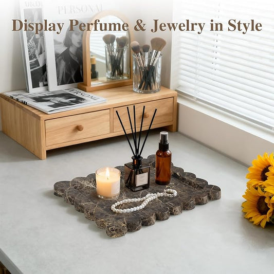 Rectangle Marble Tray with Scalloped Edge, Dark Brown Decorative Tray for Bathroom Vanity, Kitchen Counter, Dresser Top Organizer, Perfume Jewelry Holder, 11x8 Inch Natural Stone Home Décor