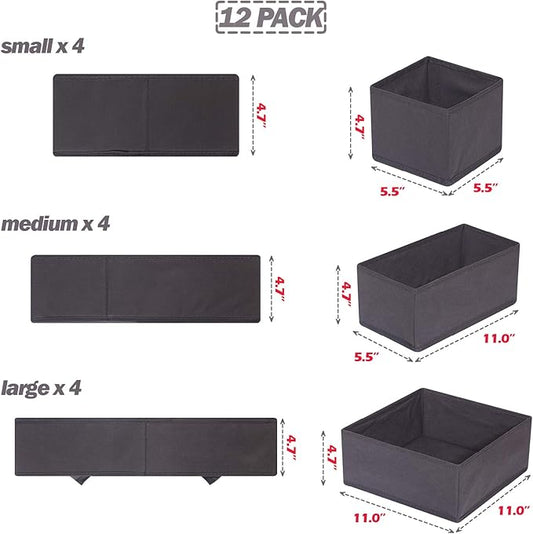 DIOMMELL 12 Pack Foldable Cloth Storage Box Closet Dresser Drawer Organizer Fabric Baskets Bins Containers Divider for Baby Clothes Underwear Bras Socks Lingerie Clothing,Dark Grey 444