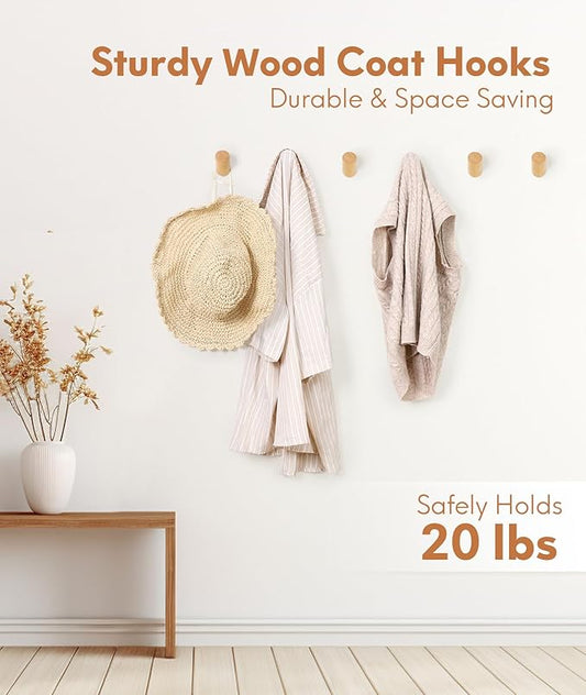 Wood Wall Hooks for Hanging, 6 Pack Hat Hook for Walls, Coat Hook Wall Mount, Backpack Hooks for Walls, Bathroom Towel Hanger (Natural)