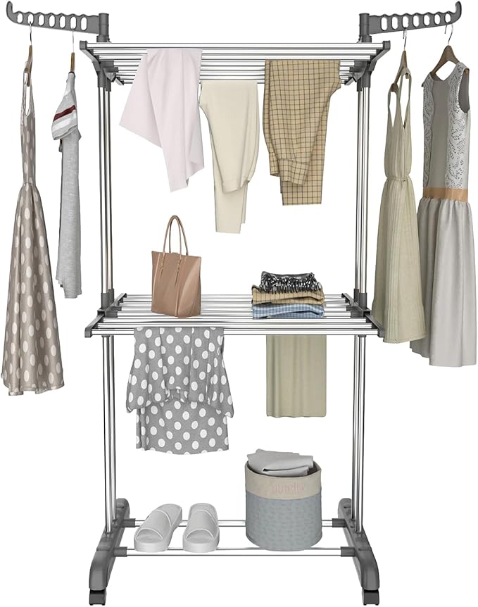 Bigzzia 3 Tier Clothes Drying Rack, 57 Inch Laundry Drying Rack, Foldable Stainless Steel Kids Clothing Rack, Movable Laundry Rack for Indoor Outdoor - Grey