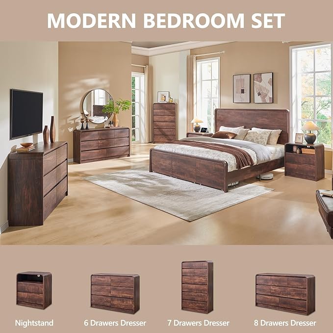 Aitjunz 25" Tall Modern Nightstand Set of 2, 23.6'' Wide Wood Bedside Table w/2 Storage Drawers, Charging Station,Mid Century End Table for Bedroom, Living Room, Curved Profile Design, Brown