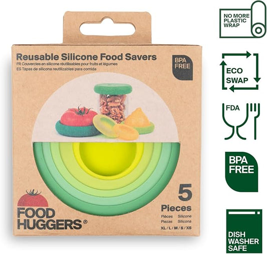 Food Huggers 5pc Reusable Silicone Food Savers | BPA Free & Dishwasher Safe | Fruit & Vegetable Produce Storage for Onion, Tomato, Lemon, Banana, Cans & More | Round, Sage Green