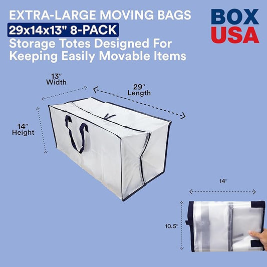 BOX USA 8 Pack Extra Large Clear Moving Bags with Handles & Zippers | Heavy Duty Storage Totes, Packing, Dorm Room Essentials & College Space Saving