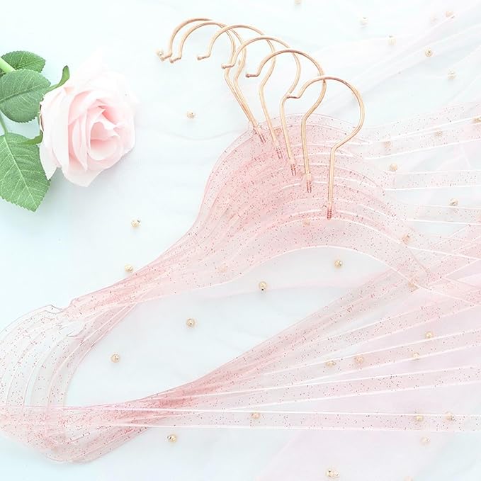 Pink Clothes Hangers 16", 20 Pack Plastic Clear Coat Hanger for Adult Closet, Durable Bling Ganchos de Ropa with Swivel Hook, Notched Shoulders & Ultra-Thin Space Saving Laundry Hanger for Dress Suits