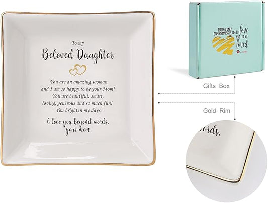 HOME SMILE Gifts for Daughter From Mom Ring Dish Jewelry Tray,Birthday Mother's Day Gifts for Adult Daughter -I Love You Beyong Words,Your Mom
