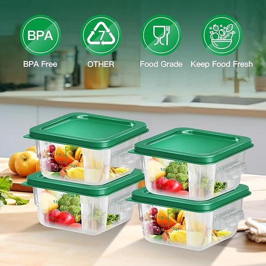 FeyBuosk 4 pcs 2qt Food Storage Containers with Lid, Square Clear Commercial Food Storage Containers with Handle and Scale for Food Storage in Home Kitchen & Dining (Rreen)