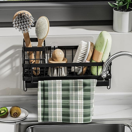 SOVGIZF Sink Caddy kitchen Organzier with High Brush Holder, Wall-Mounted Sponge Holder for Sink, Countertop Organizer Soap Dispenser Storage, Rustproof 304 Stainless Steel Kitchen Essentials