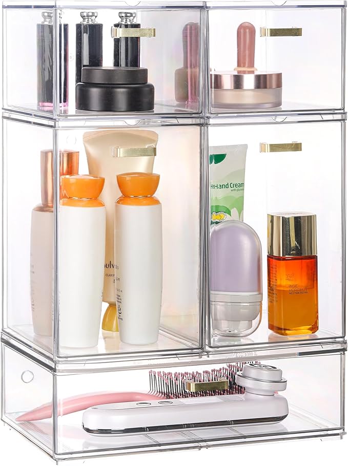 Set of 5 Stackable Storage Drawers, Clear Acrylic Organizer Bins for Beauty Supplies, Perfect for Makeup Vanity, Undersink, Kitchen, Cabinet,Pantry Organization and Storage