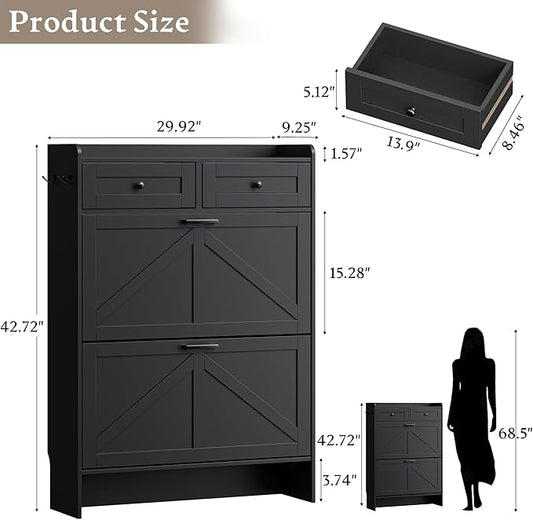 Shoe Storage Cabinet for Entryway, Farmhouse Narrow Shoe Cabinet with 2 Flip Drawers & Top Drawers, Adjustable Shelves & Hooks, Freestanding Hidden Rack Organizer for Hallway, Foyer