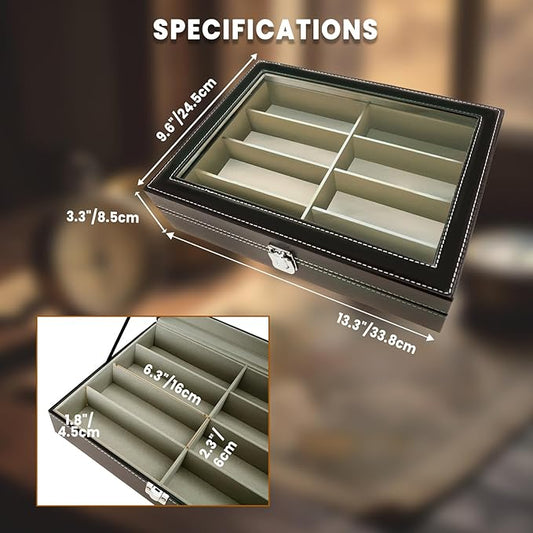 DUPDMKIN Sunglasses Organizer 8 Slot Eyeglass Holder PU Leather Glasses Case Multiple Pairs with Clear Glass Top for Men and Women