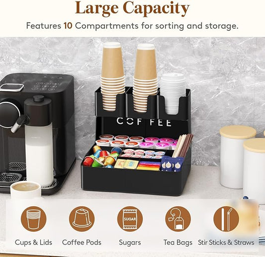Lifewit 2-tier Coffee Station Organizer for Countertop, 10 Compartments, Tea Condiment Storage,Coffee Bar Organizer for Office Breakroom, Home Kitchen, Black