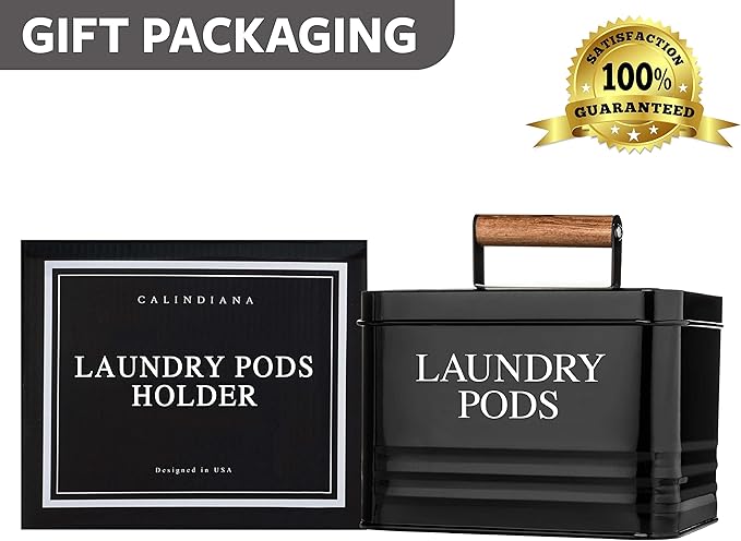 Calindiana Modern Farmhouse Metal Laundry Pods Holder with Lid - Space Saving Organization, Holds 81 Pods, Black