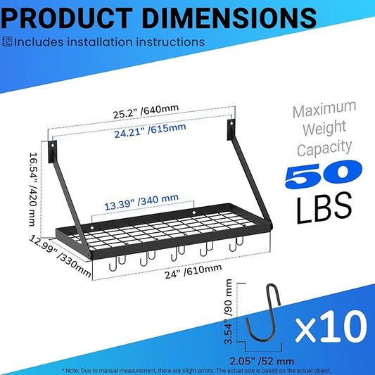 Miyili Pot Rack Square Grid Wall Mounted Kitchen Pot And Pan Organizer Shelf With 10 Hooks, 24 by 10-inch (Black), KR301B1