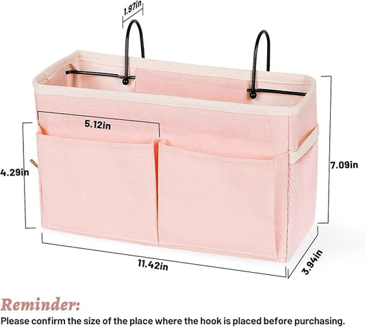 Frjjthchy Bedside Caddy Hanging Storage with Water Bottle Holder for Bunk Bed Hospital Bed Dorm Rooms (Pink)