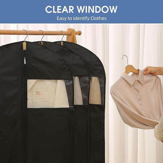 Garment Bags for Hanging Clothes, 50'' Long Dress Bags for Closet Storage, Black Garment Covers with Clear Window for Suits, Coats, Jackets(5 Packs)
