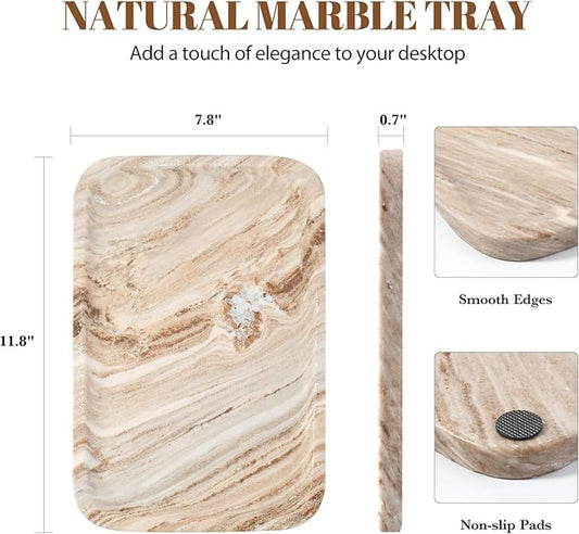 Koville Marble Tray, 12"x8" Natural Marble Vanity Tray for Countertop Bathroom Kitchen Dresser, Decorative Catchall Trays for Perfume Jewelry, Rectangular Stone Serving Tray(Palissandro)