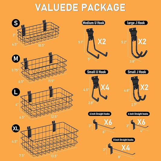 INCLY 30PCS Slatwall Accessories Set, Includes 4 Pack Ventilated Metal Wire Slatwall Baskets and 26PCS Multisized Heavy Duty Slatwall Hooks for Garage Organization Rooms Workshop Storage