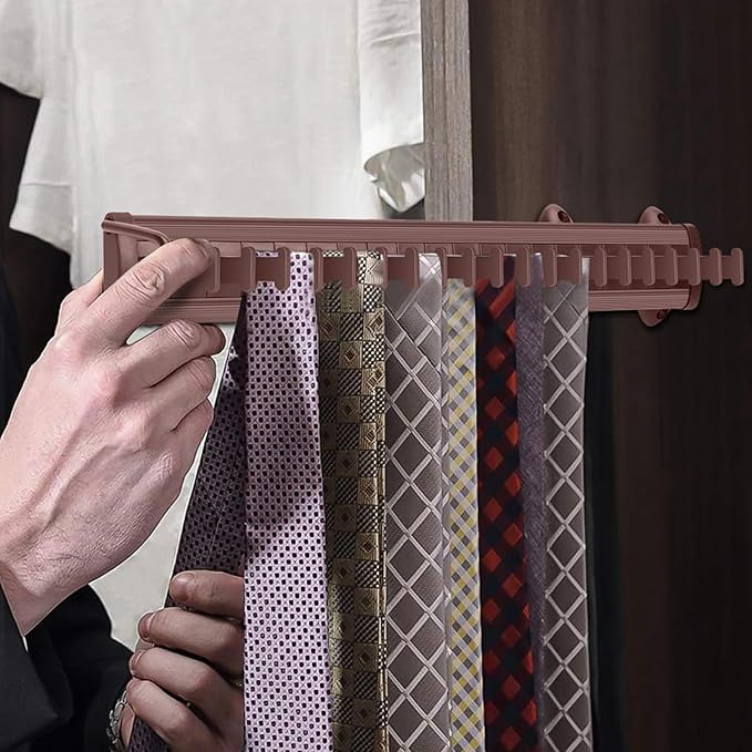 Sliding Tie Racks for Closet, 20 Tie Hanger for Men Pull Out Belt Hanger for Closet Storage Organizer with Slider, Side Mount Closet Holder Rail with 20 Hooks for Scarves Ties Belts(Brown)
