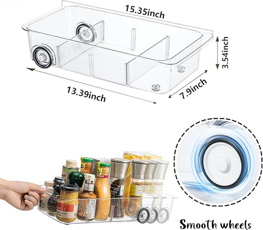 Fridge Organizer Bins With Wheels, 2 Pack Roll Out Refrigerator Organizers And Storage Refrigerator Drawer With Dividers, Upgrade Thick Plastic Pantry Storage Bins, Kitchen Organization